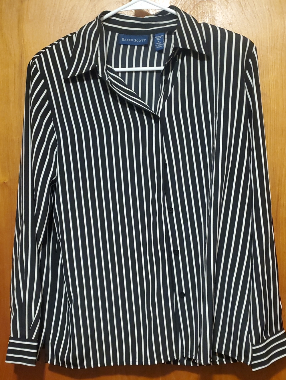 Karen Scott Black and White Vertical Stripe Button-Front Blouse